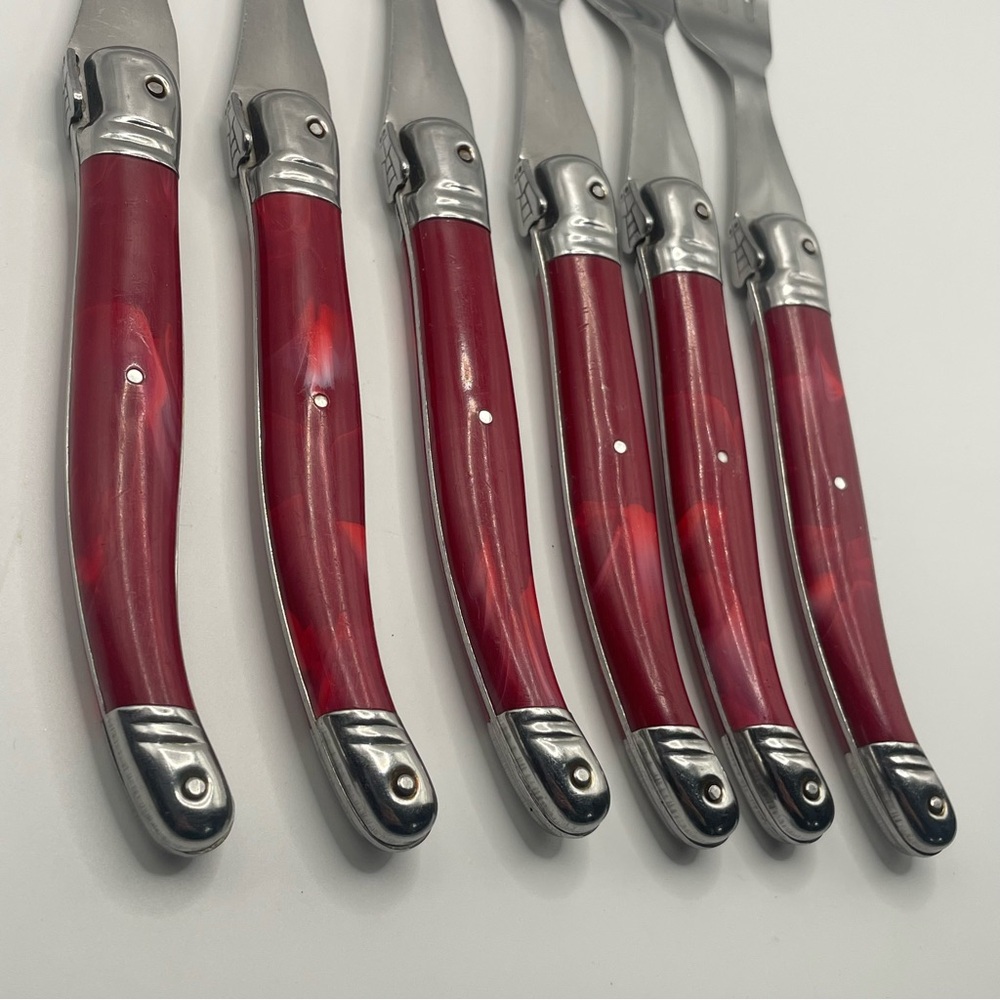 Laguiole Production Acier Inox Set of 6 Forks Red Handles Bee Cutlery - Picture 4 of 10